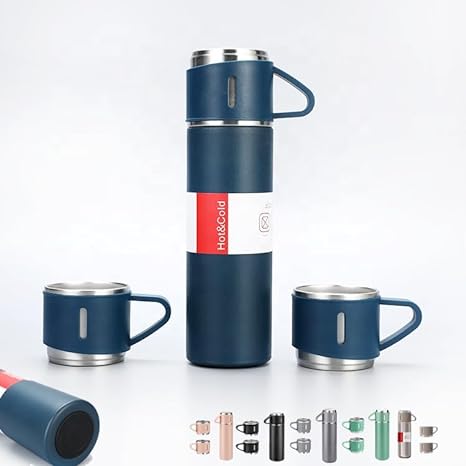 Steel Vacuum Flask Set with 3 Steel Cups Combo 500ml with Gift Box Keeps HOT& Cold